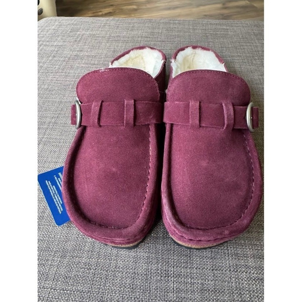 Birkenstock Buckley Shearling Maroon Suede Clogs Mules Size 38 L7 M5 Maroon